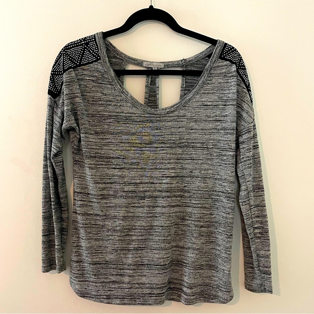 Long-sleeve heather gray top w/ shoulder embellishment